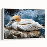 Framed canvas wall art featuring a collection of illustrated sea birds in various colors, displayed from a side view against a white background, ideal for coastal decor.