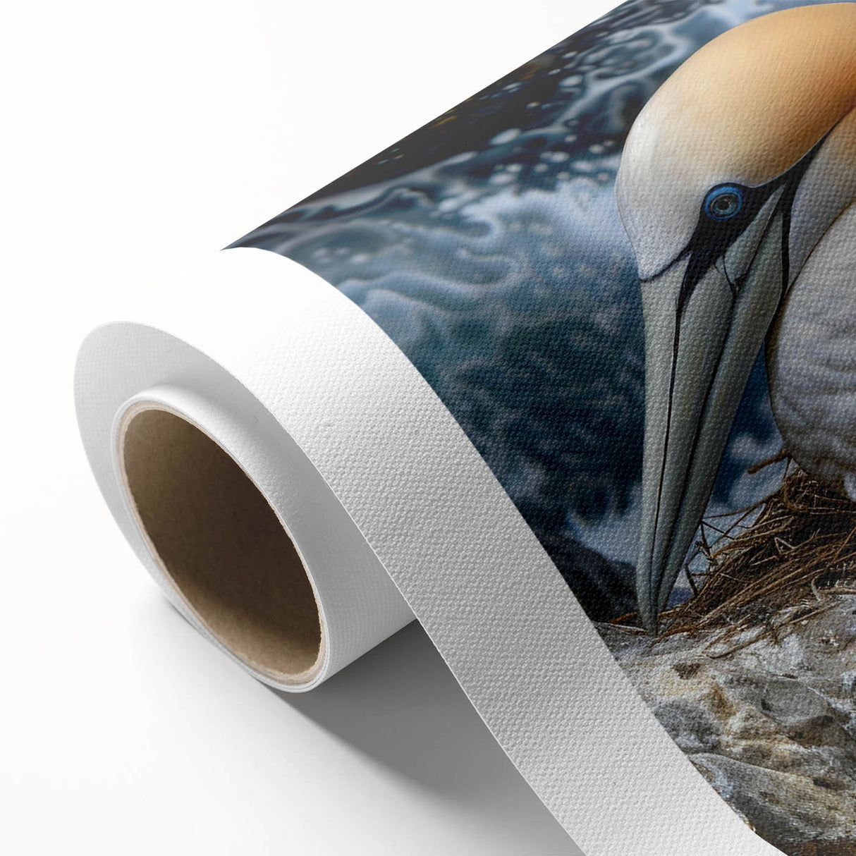 Rolled canvas showcasing a vibrant sea bird design with intricate details, featuring shades of blue and green, perfect for coastal-themed decor.