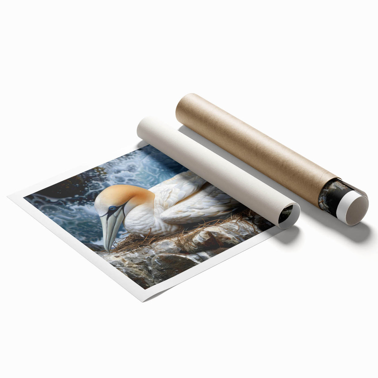Colorful wall art print showcasing a collection of beautifully illustrated sea birds in vibrant hues, rolled for shipping in a protective cardboard tube, perfect for coastal decor.
