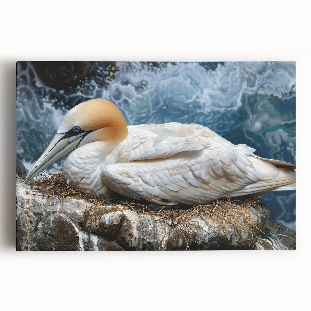 Vibrant stretched canvas wall art featuring a collection of colorful sea birds in flight against a serene blue background, perfect for coastal home decor.