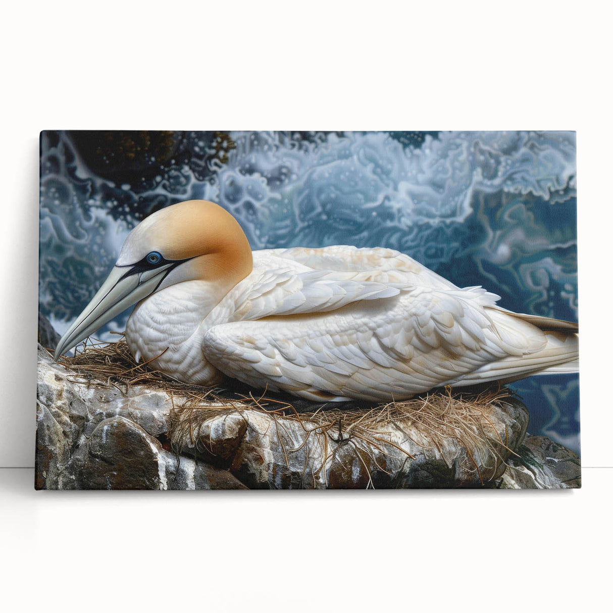 Stretched canvas wall art featuring a vibrant collection of sea birds in a coastal design, showcasing colorful plumage against a serene backdrop, perfect for nautical decor.