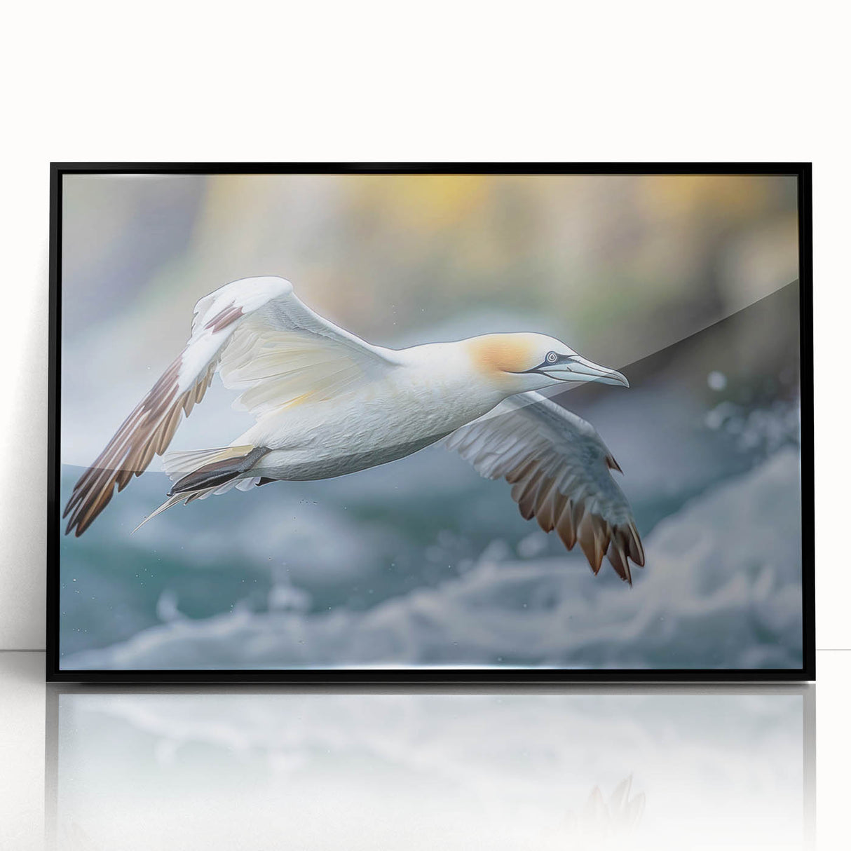 Framed wall art collection showcasing a detailed design of sea birds in a minimalist black frame, perfect for coastal-themed decor, dimensions 24x36 inches.
