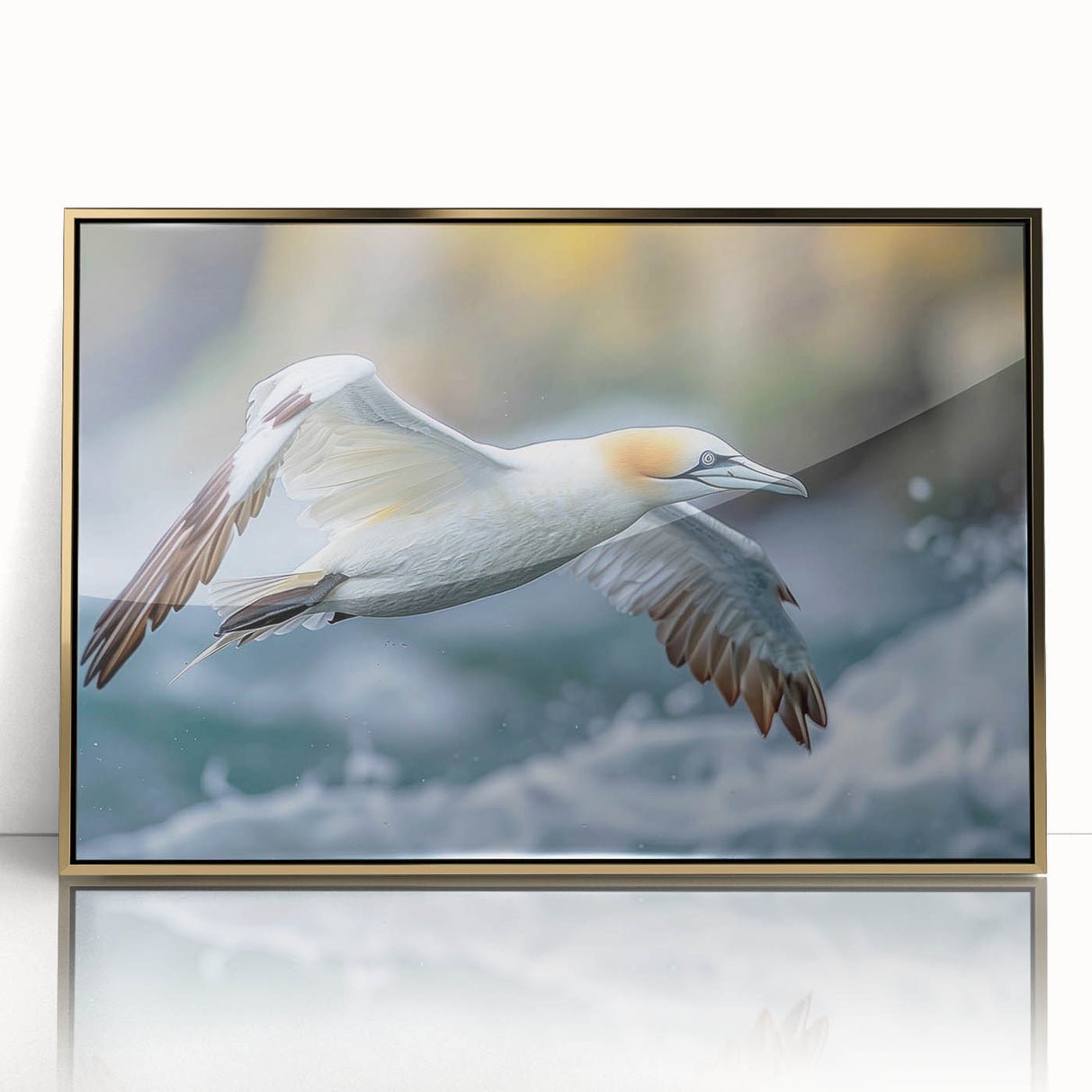 Framed wall art featuring a collection of colorful sea birds design, displayed with a sleek gold frame, perfect for coastal-themed decor.