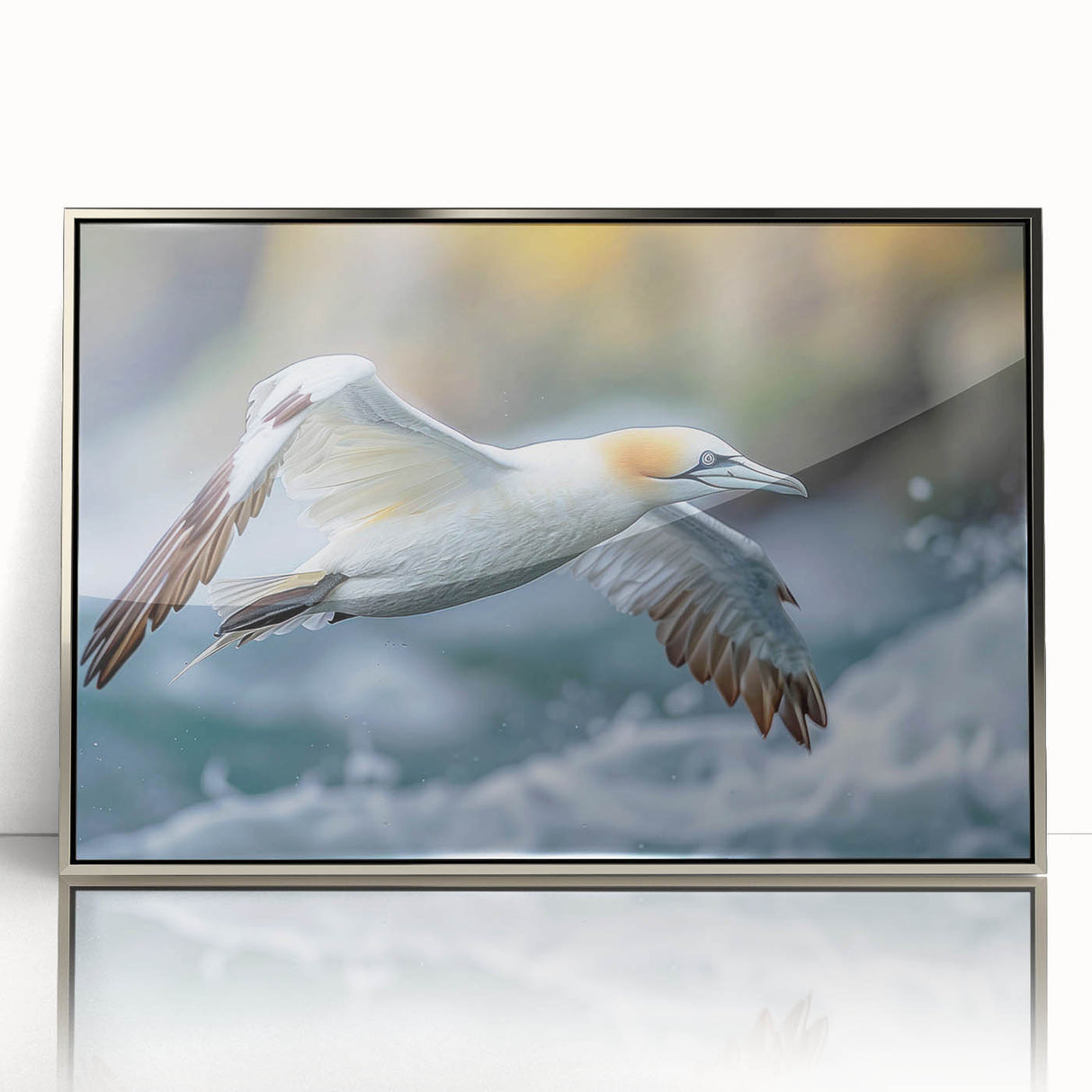 Framed wall art collection featuring elegant sea birds design in silver-acrylic frame, perfect for coastal decor, showcasing vibrant colors and intricate details.