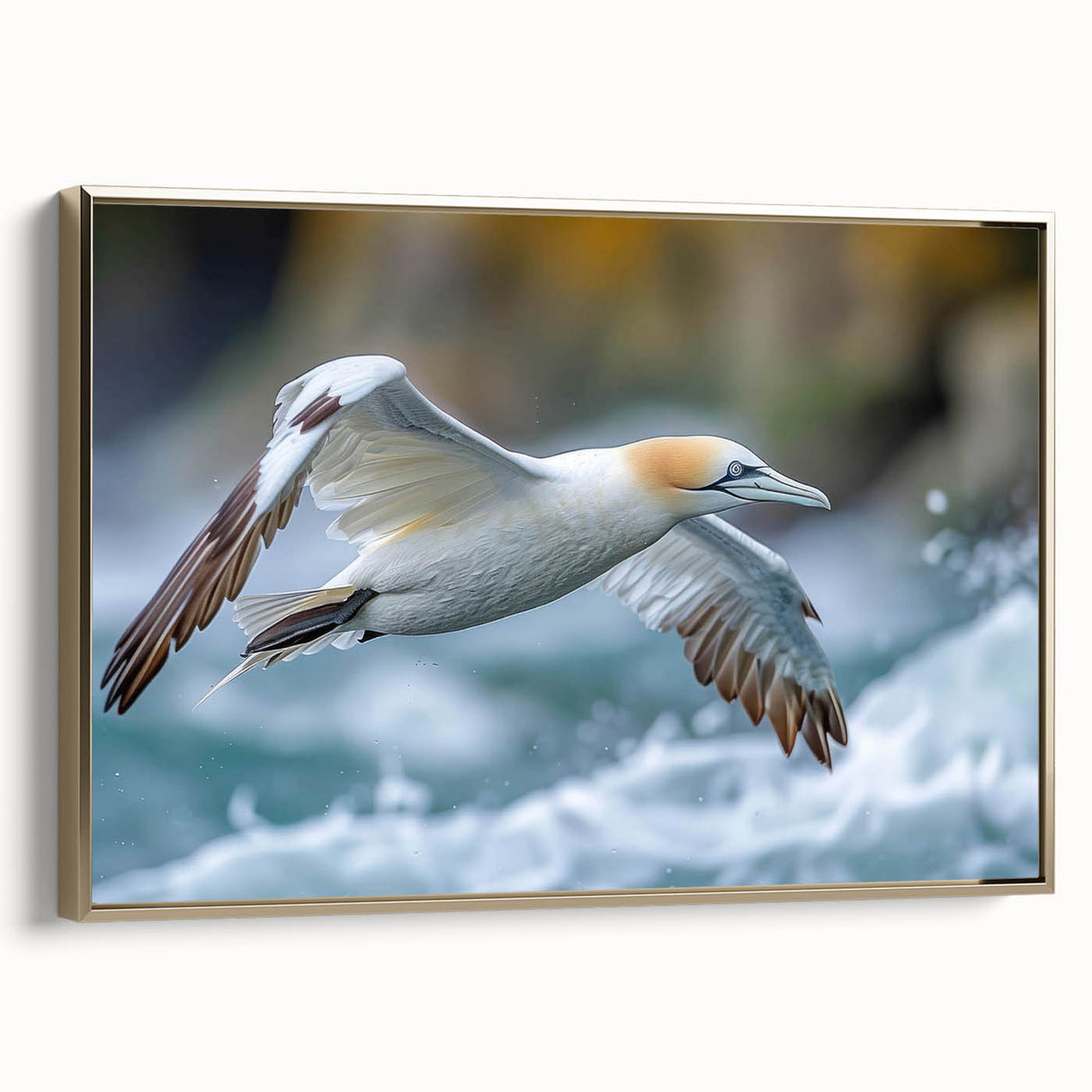 Framed wall art featuring a vibrant sea bird design on a textured canvas, showcasing gold accents and a sleek side view, perfect for coastal decor.