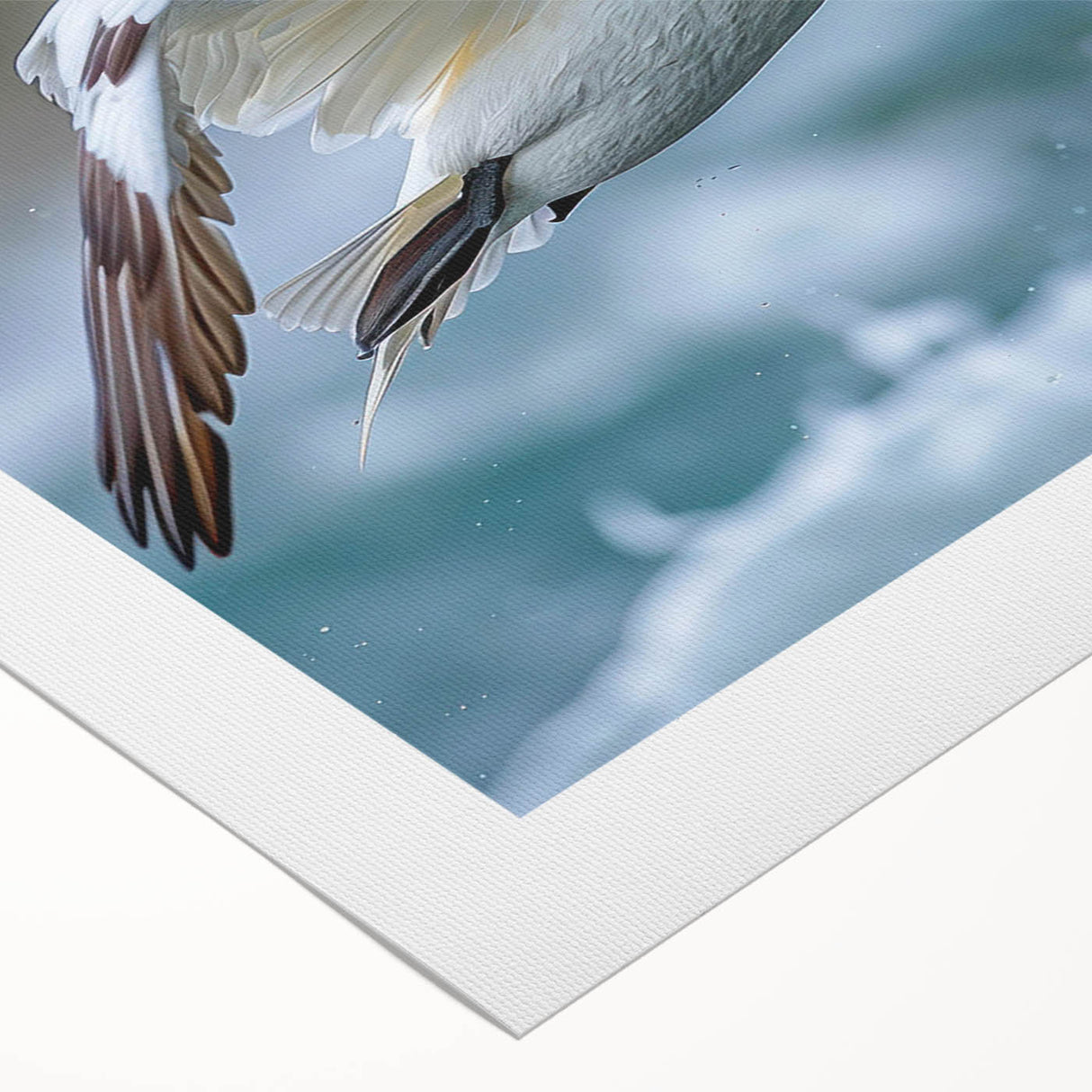 Colorful rolled canvas wall art depicting a vibrant collection of sea birds in flight against a serene ocean backdrop, perfect for coastal home decor.