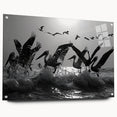 Stylish wall art collection showcasing vibrant sea bird designs printed on acrylic glass, featuring a side view with decorative pins for easy hanging.