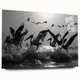 Acrylic glass wall art collection showcasing a vibrant design of diverse sea birds, elegantly displayed in a side view without pins, perfect for coastal decor.
