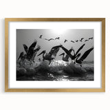 Elegant gold-framed wall art collection showcasing a vibrant design of various sea birds in flight, perfect for coastal-themed decor. Ideal for enhancing living spaces with a touch of nature.