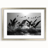 Elegant silver-framed wall art collection featuring a serene sea birds design, showcasing multiple colorful avian species against a soft background, ideal for coastal decor.