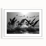 Framed wall art collection featuring elegant sea birds design in soothing colors, showcased with a white mat and frame, perfect for coastal-themed decor.
