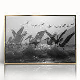 Framed wall art featuring a vibrant sea birds design in acrylic with a gold frame, ideal for coastal-themed decor. Perfect for enhancing living spaces.