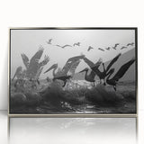 Framed wall art collection showcasing five colorful sea birds in a modern design, featuring a sleek silver frame that enhances its vibrant colors and adds elegance to any space.