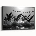 Framed wall art featuring a collection of sea bird designs on canvas, set against a black background, showcasing intricate details and vibrant colors.