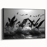 Framed wall art featuring a collection of sea bird designs on canvas, set against a black background, showcasing intricate details and vibrant colors.
