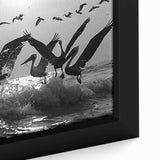 Framed wall art close-up showcasing a vibrant sea birds design on canvas, featuring intricate details and vivid colors, perfect for coastal decor enthusiasts.