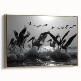Framed canvas wall art showcasing a vibrant sea bird design in gold tones, elegantly displayed from the side, perfect for coastal-themed home decor.