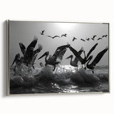 Framed wall art featuring a collection of sea birds in an elegant design, showcasing vibrant colors and detailed textures, perfect for coastal home decor.