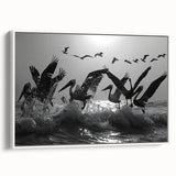 Framed canvas wall art collection featuring a serene design of sea birds in flight, presented from a side view against a white background, perfect for coastal decor.