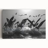 Stretched canvas wall art featuring a vibrant sea birds design on a serene blue background, perfect for coastal-themed decor, showcasing detailed illustrations of various seabirds.