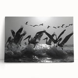 Stretched canvas wall art featuring a vibrant collection of sea birds in various colors, elegantly leaning against a light-colored wall, perfect for coastal decor.