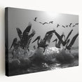 Stretched canvas wall art showcasing a vibrant sea bird design, featuring colorful birds in flight against a serene blue background, perfect for coastal decor.