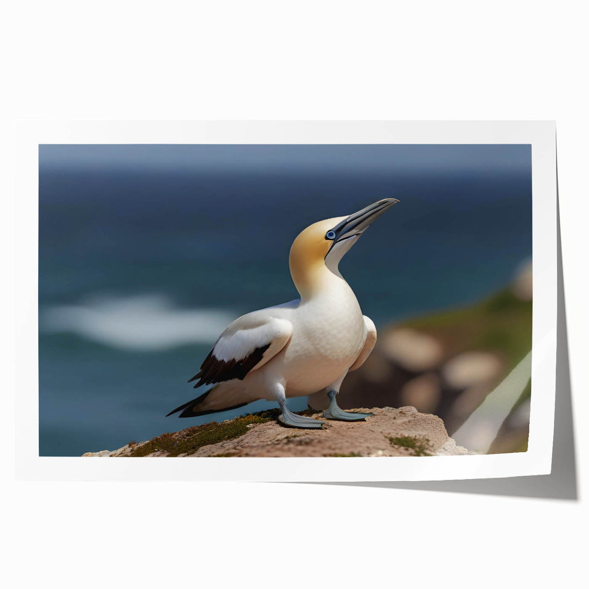 Colorful wall art print showcasing a collection of vibrant sea birds in flight over a serene ocean backdrop, ideal for coastal-themed decor. The design features intricate details that highlight the beauty of marine life, making it a perfect addition to any art collection.