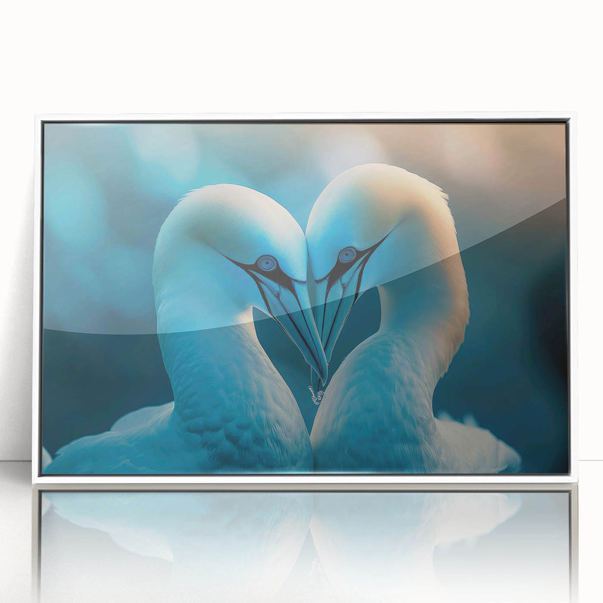 Framed wall art collection showcasing a vibrant design of sea birds, featuring a white frame and acrylic front, perfect for coastal-themed decor.
