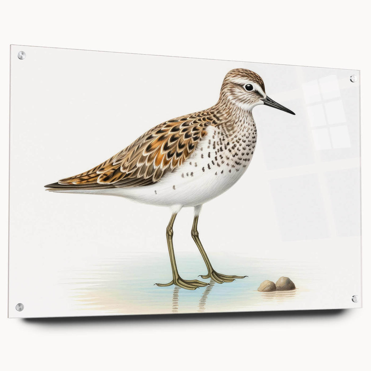 Acrylic glass wall art showcasing a vibrant shorebird design, featuring colorful birds in a natural coastal setting, mounted with pins for display.