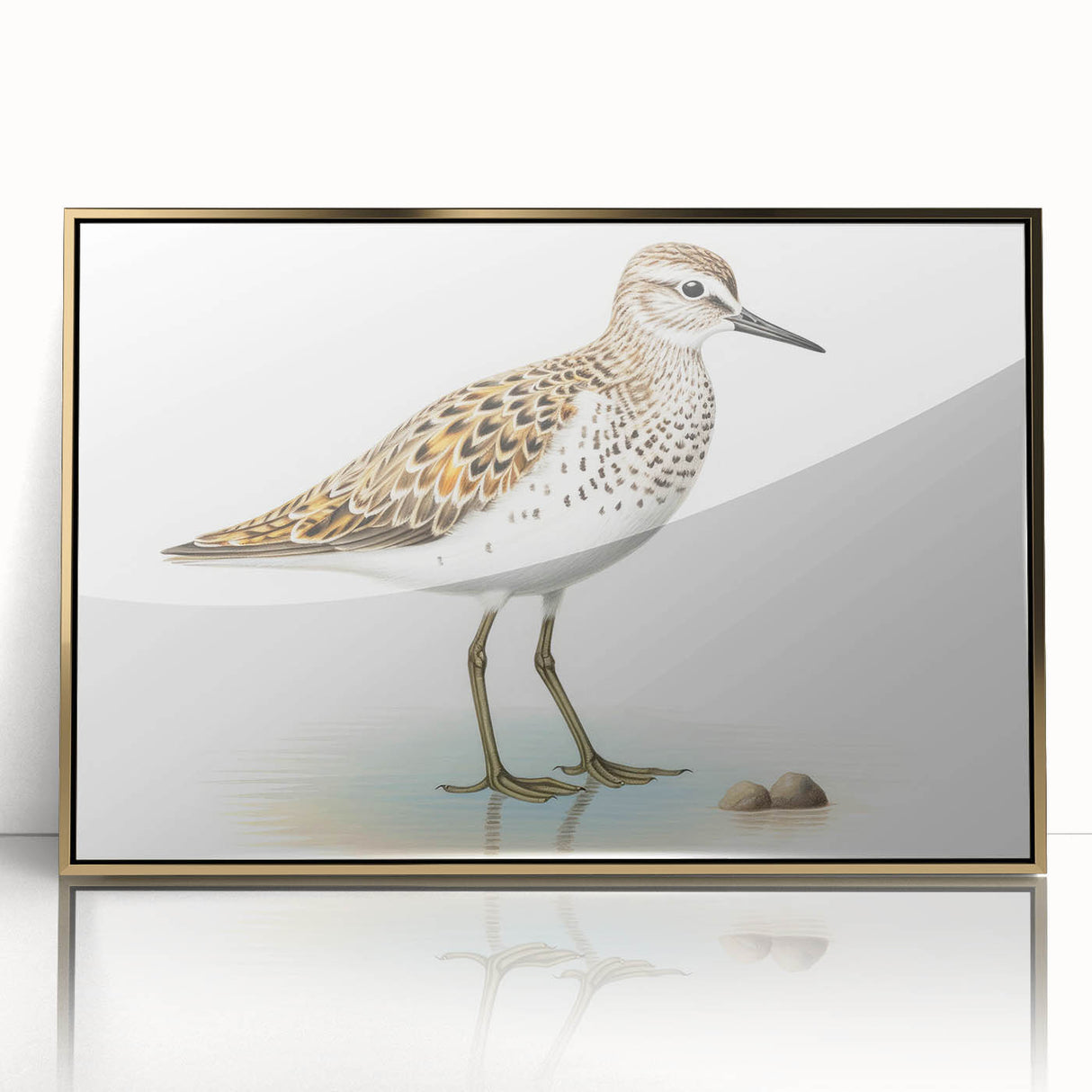 Framed wall art featuring a beautiful collection of shorebirds in elegant gold accents, showcasing intricate details and vibrant colors that enhance any coastal decor.