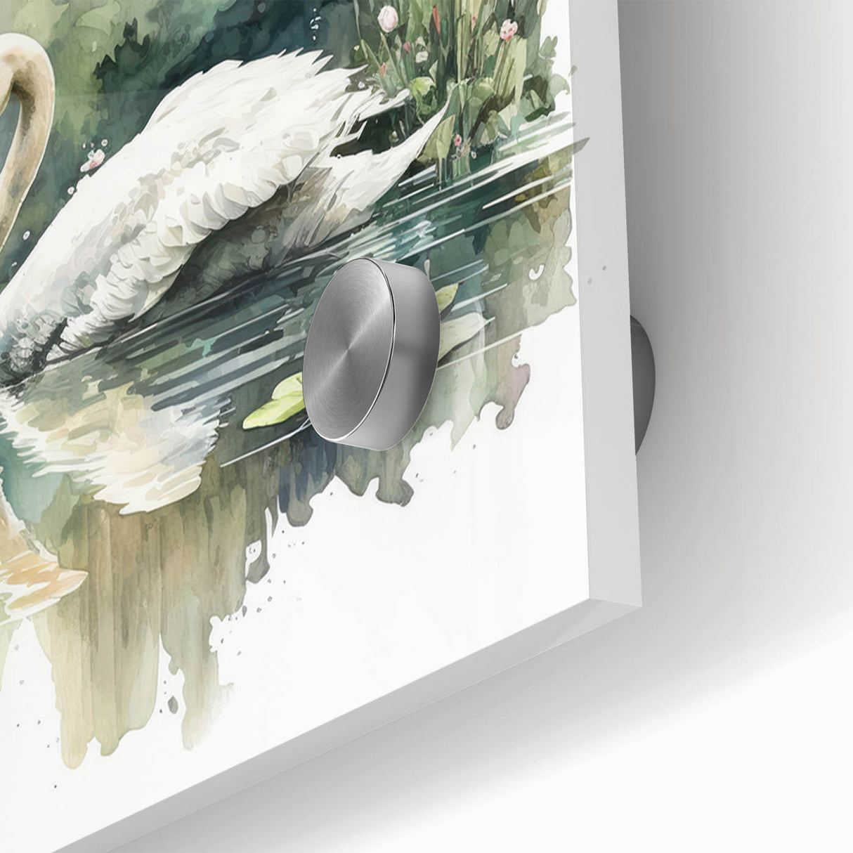 Close-up of elegant acrylic wall art showcasing a detailed swan design with vibrant colors, ideal for modern home decor. Perfect for nature enthusiasts and art collectors.