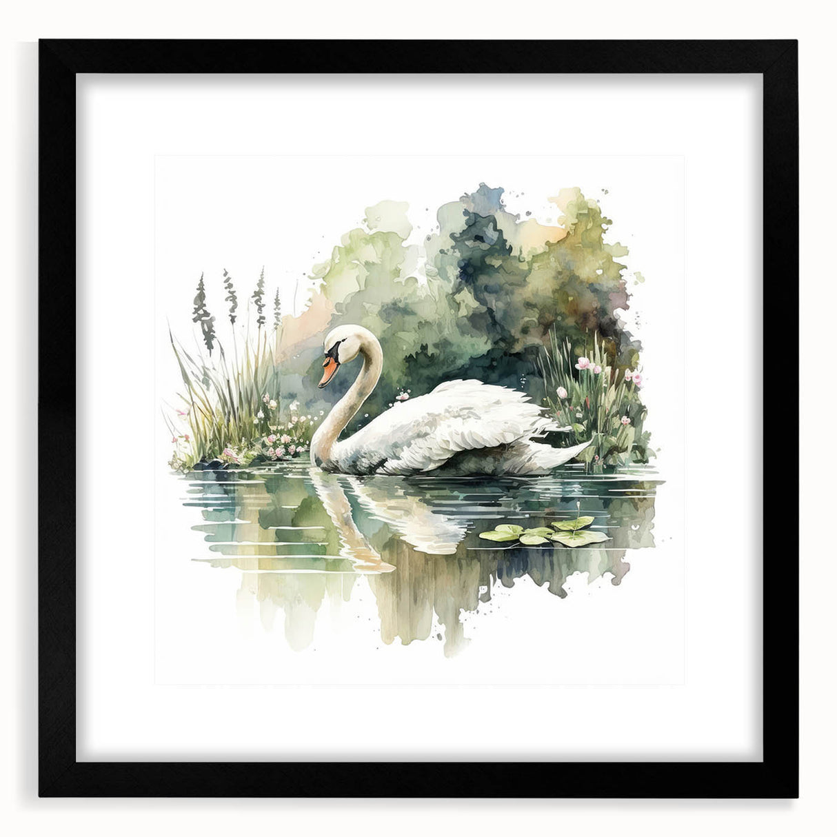 Elegant black-framed wall art showcasing a serene swan design, perfect for modern home decor. The mat adds sophistication, ideal for living rooms or offices.