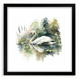 Elegant black-framed wall art showcasing a serene swan design, perfect for modern home decor. The mat adds sophistication, ideal for living rooms or offices.