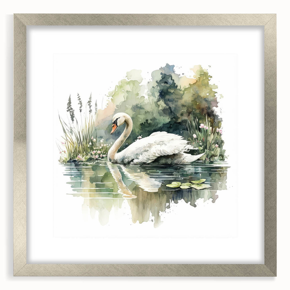 Elegant wall art featuring a silver-framed design of swans gracefully swimming on a serene lake, perfect for enhancing home decor with a touch of nature.