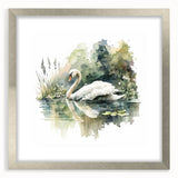 Elegant wall art featuring a silver-framed design of swans gracefully swimming on a serene lake, perfect for enhancing home decor with a touch of nature.