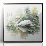 Framed wall art featuring a stunning swan design, showcasing graceful birds in elegant flight against a sleek black background, perfect for modern home decor.