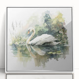 Framed acrylic wall art featuring an elegant swan design in a white frame, showcasing delicate details and soft colors, perfect for enhancing home decor.
