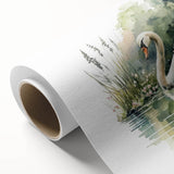 Swan-themed rolled canvas wall art, showcasing a serene design featuring elegant swans in a tranquil water setting, perfect for home decor enhancement.