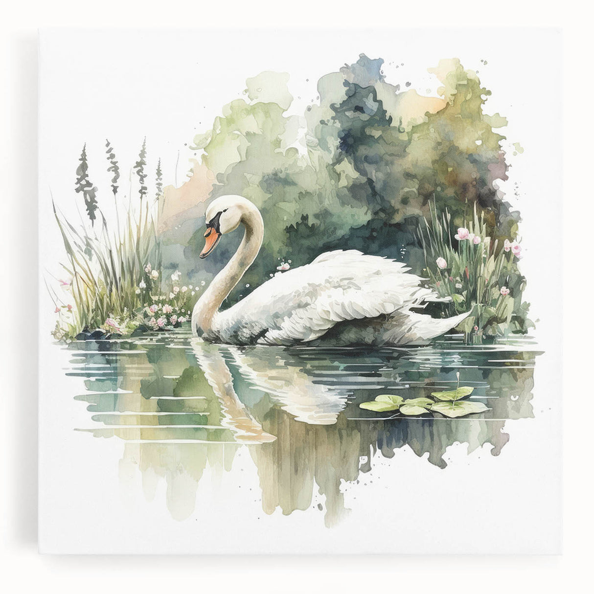 Stretched canvas wall art featuring an elegant swan design against a soft pastel background, perfect for adding a touch of sophistication to home decor. Ideal for nature lovers and art enthusiasts seeking a serene ambiance.