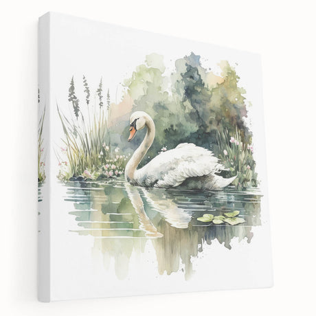 Elegant side view of a stretched canvas wall art featuring a serene swan design, showcasing soft pastel colors and intricate details, ideal for home decor.