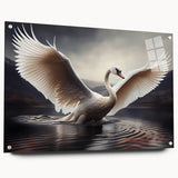 Acrylic glass wall art featuring a swan design, showcasing vibrant colors and intricate details, displayed with stylish pins on a modern wall. Perfect for enhancing home decor.