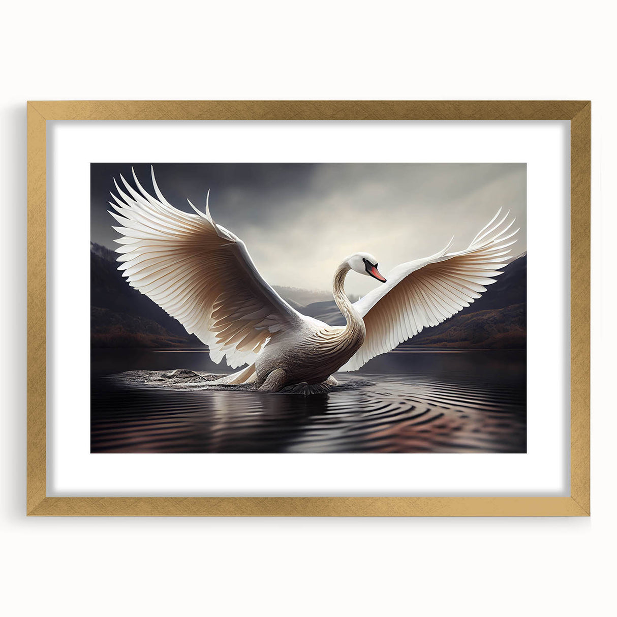 Framed wall art featuring a stunning gold mat and elegant swan design, perfect for home decor in modern or classic interiors, showcasing intricate details and vibrant colors.