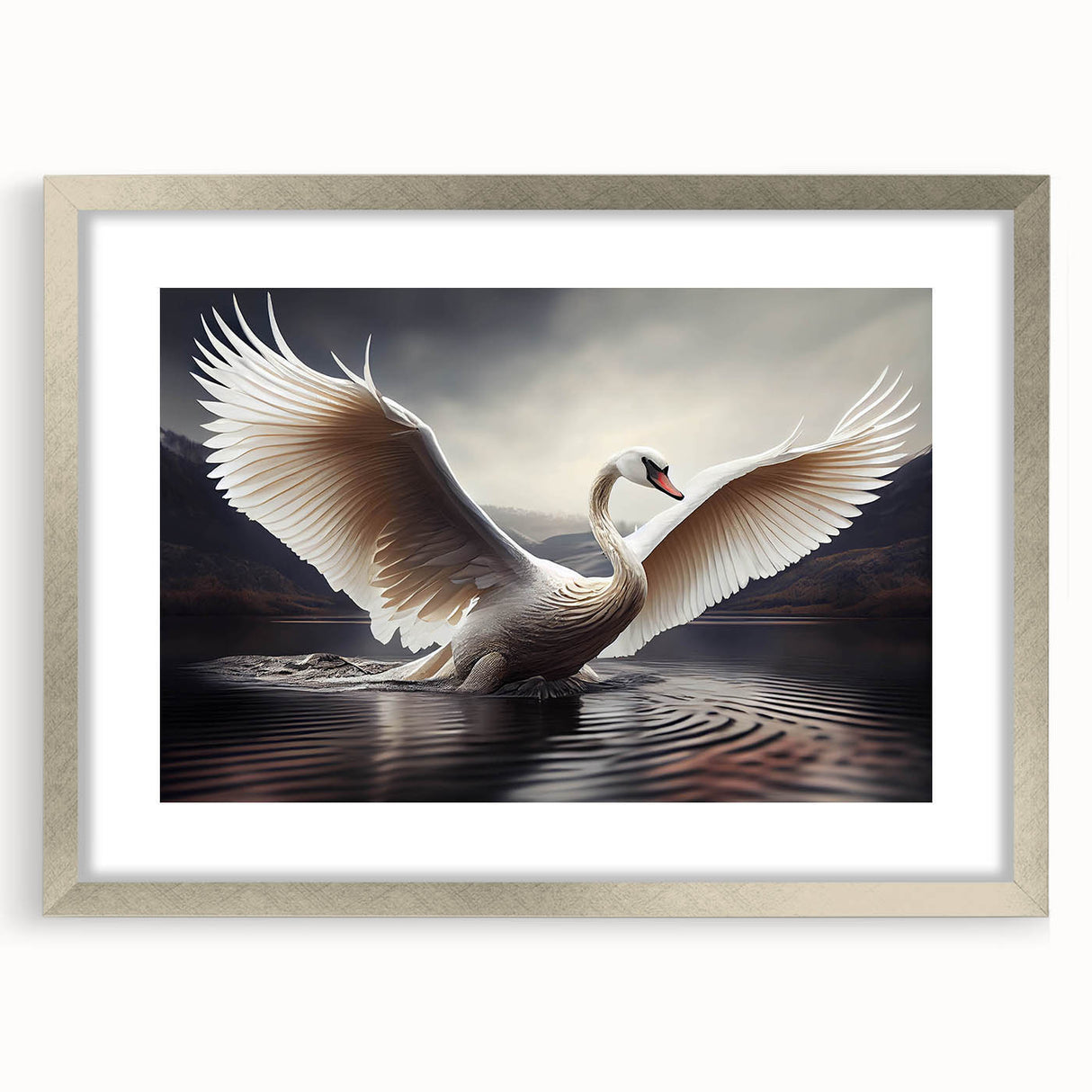 Elegant wall art featuring a silver-framed design of swans, showcasing intricate details and soft colors, perfect for enhancing modern home decor.