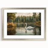 Framed wall art showcasing a serene swan design in silver, featuring a mat for enhanced presentation, perfect for elegant home decor. Ideal for nature lovers and art enthusiasts.