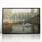 Framed wall art featuring a serene black swan design on a white background, showcasing elegant details and a sleek black frame, perfect for modern decor.