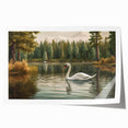 Swan-themed wall art print showcasing elegant white swans on a serene blue background, designed for home decor enthusiasts looking for nature-inspired artwork.