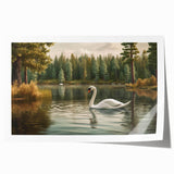 Swan-themed wall art print showcasing elegant white swans on a serene blue background, designed for home decor enthusiasts looking for nature-inspired artwork.