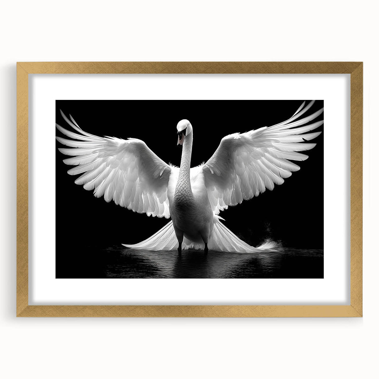 Elegant wall art featuring a swan design in a gold frame with a mat, perfect for adding a touch of sophistication to home decor. This artwork captures the graceful beauty of swans in a stylish presentation, ideal for enhancing living spaces or as a thoughtful gift.