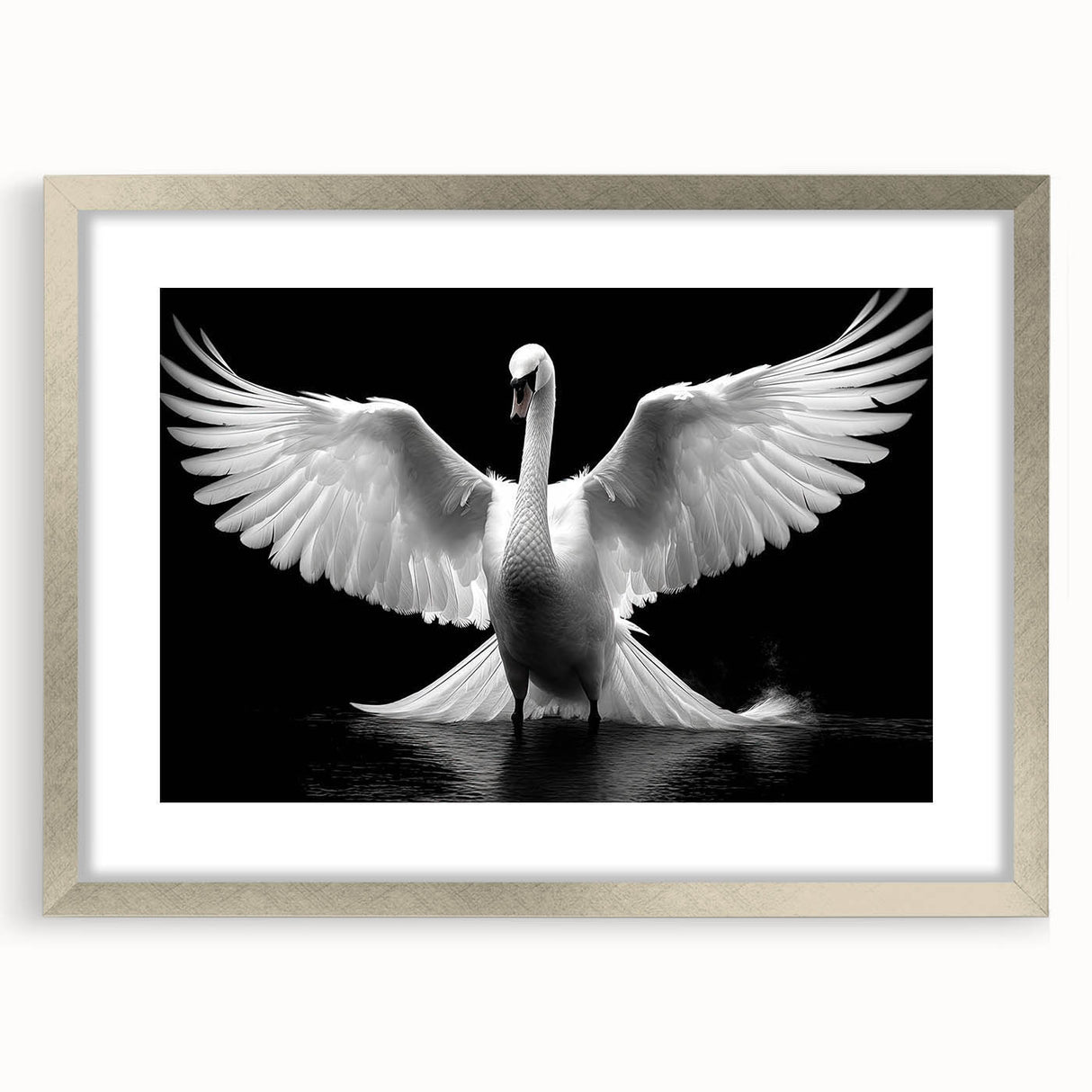 Elegant wall art showcasing a silver-framed swan design, featuring intricate details and a soft mat, perfect for enhancing modern home decor. Ideal for bird and nature enthusiasts.