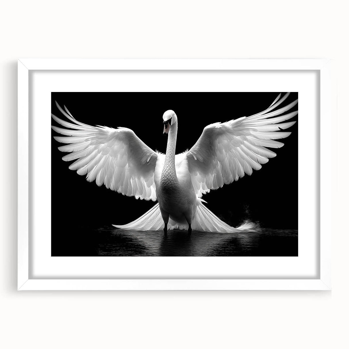 Elegant wall art featuring a serene swan design, framed with a white mat, ideal for enhancing home decor. Perfect for nature lovers and modern interiors.